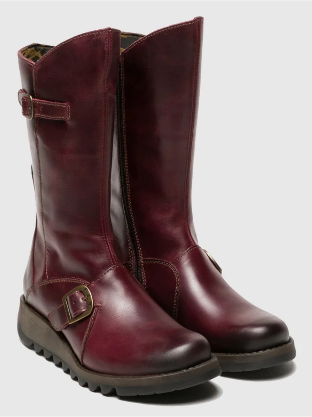 Fly London Mes 2 Petrol Leather Low Wedge  Calf Boots Purple 37